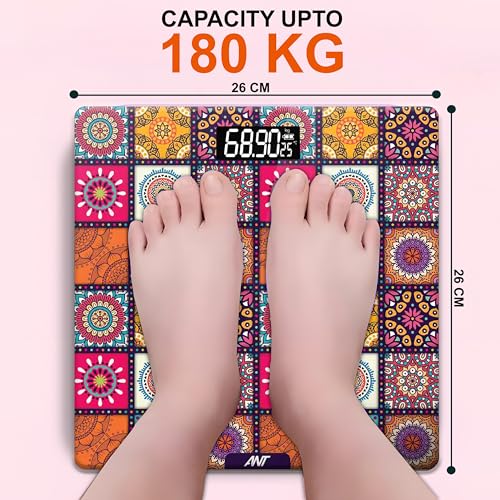 Image of ANT Flora New Retro Digital Weighing Scale for Body Weight (Up to 180 kg), High Precision Sensors, Tempered Glass, LCD Display, Auto On /Off, Anti-Skid, Personal Fitness Scale with Battery Included