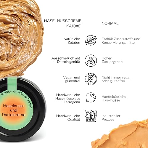 Kaicao Haselnuss-Dattel-Creme – Ohne Raffinierten Zucker, 100% Natürlich, Vegan, Glutenfrei – Geröstete Haselnüsse aus Nordspanien und Deglet Noor Datteln – 250g