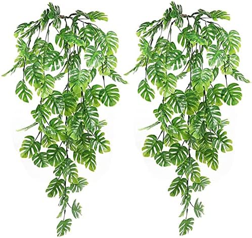 Ztexkee Fake Vines, 2PCS Artificial Hanging Plants Monstera Palm Leaves Fake Green Hanging Rattans Plastic Plants for Wall Room Home Indoor Outdoor Decor