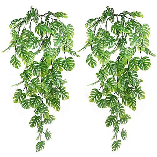 Ztexkee Fake Vines, 2Pcs Artificial Hanging Plants Monstera Palm Leaves Fake Green Hanging Rattans Plastic Plants For Wall Room Home Indoor Outdoor Decor #TOP6