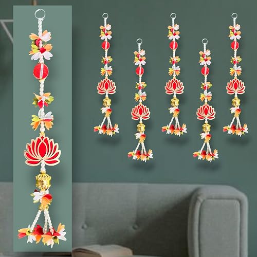 Image of Rajasthan Kraft Red Lotus Floral Hanging Decoration with Pearl Beads & Golden Bell |Pack of 5 (17 x 3 Inch) | Multicolour Door & Wall Decor for Diwali, Navratri & Pooja(RK-36808-5).
