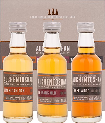 Auchentoshan Whisky Geschenkset | mit American Oak, Three Wood, 12 Years Old | 3 x 0,05l, (3er Pack)