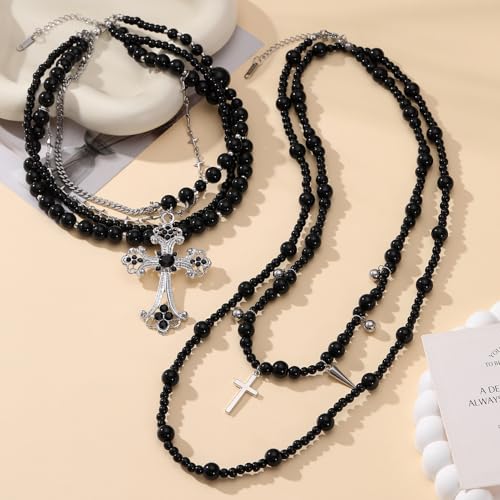 KURTCB Layered Gothic Cross Necklace Goth Grunge Emo Black Chain Beaded Choker Necklace for Women Men Halloween Christmas Gift3