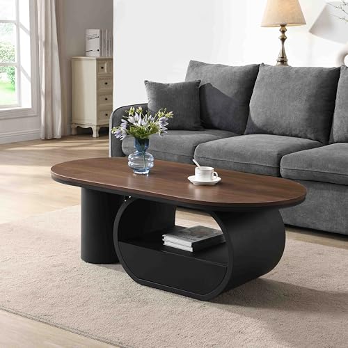 Image of Faux Marble Nesting Coffee Table Set of 2 | Coffee Table Set with End Table,Oval Living Room Table with Gold Metal Base,Marble Grain Top & 1 Drawer,Stack Tea Table Set