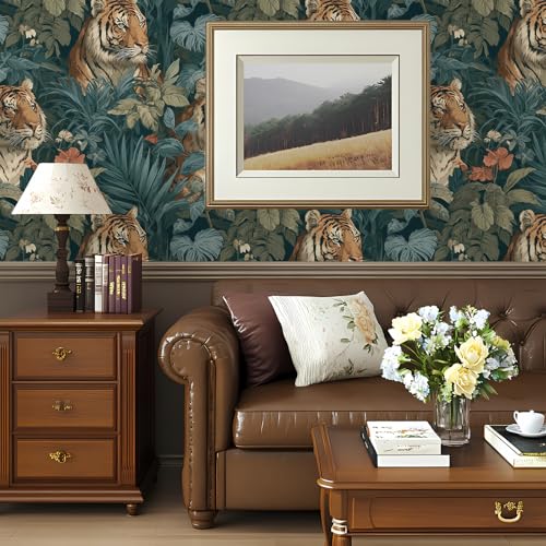 Alzkkll Jungle Peel and Stick Floral Bird Wallpaper Fierce Tiger Removable Botanical Leaf 17.7" x 236.22" Wall Paper Watercolor Self Adhesive Contact Paper for Classroom Bedroom Laundry Room Bathroom by Alzkkll - Used condition - Image 2