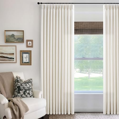 Image of Pinch Pleat Linen Curtains 120 Inches Long for Living Room Natural | 70 Inch Wide, Cream Ivory, Extra Wide, Sliding Glass Door, Memory Trained, Pleated Drape, with Hooks Rings, 70 x 120
