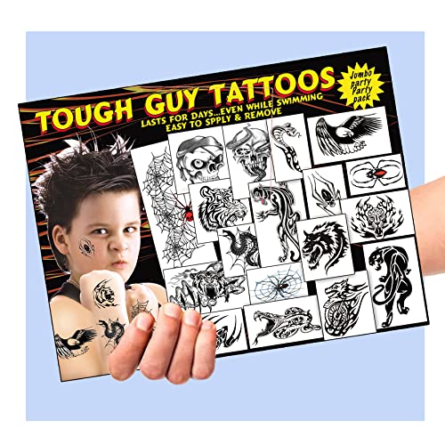 Temporary Tattoo Factory Tough Guy Tattoos - Ultra-Realistic Kids Temporary Tattoos - Long Lasting Waterproof Tattoos for Kids - Fun Kids Party Favors & Fake Kids Tattoos (36 Pack)