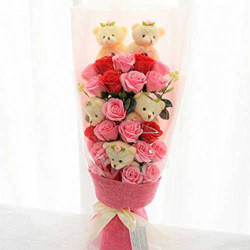 【ミレニアムアート】ソープフラワー プリティベア&ローズブーケ ピンクミックス