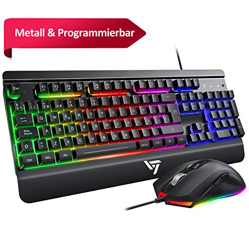 VicTsing Gaming Tastatur Set mit Maus, Maus Tastatur Set led beleuchtete Regenbogen Metallpaneel, 19 Tasten Anti-Ghosting, wasserdicht Keyboard, ideal für Gaming und Büro, DE Layout Schwarz