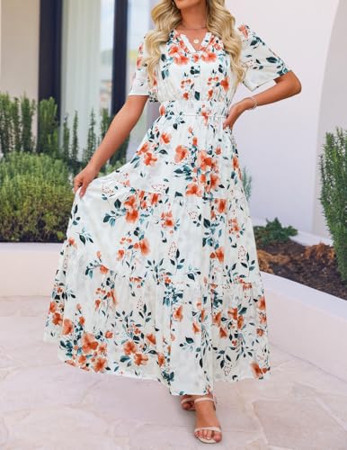 ZESICA Women's 2025 Summer Casual Floral Print Short Sleeve V Neck High Waist A Line Tiered Flowy Boho Maxi Dress2