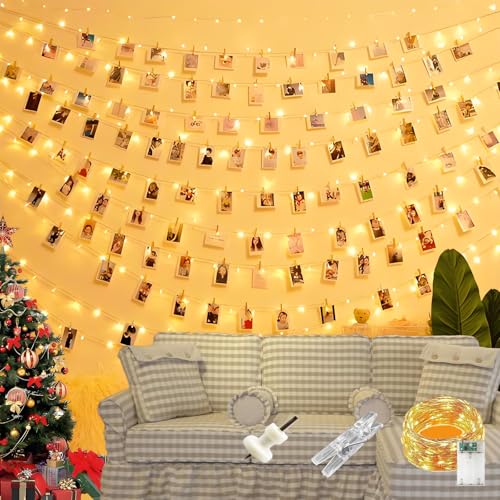 CNMTCCO Photo Clip String Lights 50 LED 5M Fairy Lights for Bedroom with 30 Clear Clips Warm White LED Lights for Bedroom Accessories Aesthetic Room Decor for Hanging Photos Wedding Party