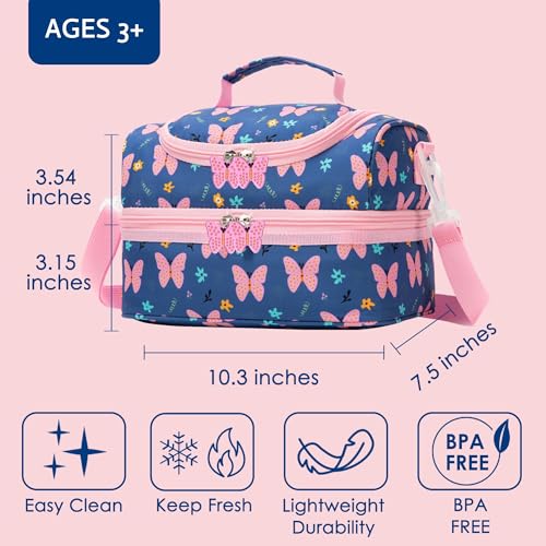 Image of Insulated Kids Dual Compartment Lunch Bags Tote Pack for Bento Girls Boys Toddler Kindergarten School Picnic Food Cooler Boxes with Shoulder Strap (2 Butterfly, Double Decker)