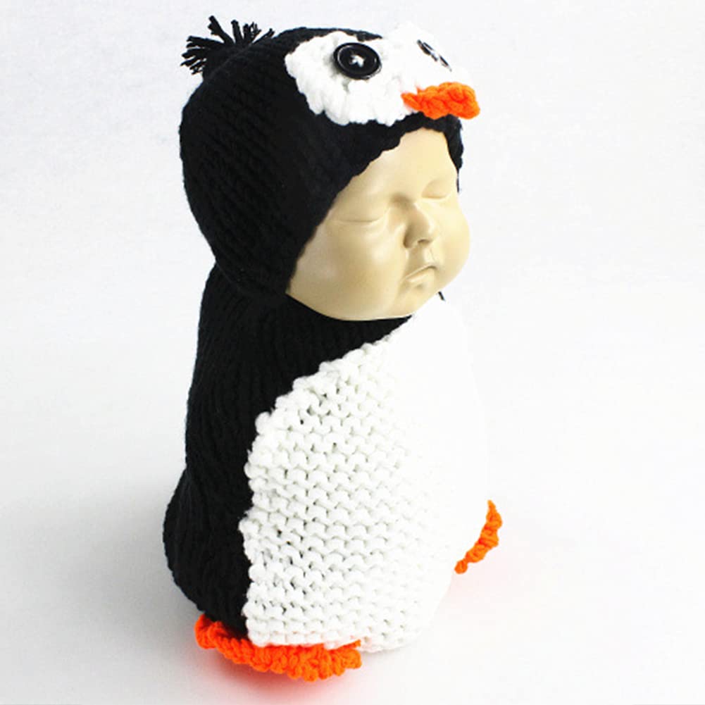 Newborn Photography Props Boys Girls Outfits Cute Penguin Shaped Crochet Knitted Unisex Baby Sleep Sack + Hat Baby Photoshoot Props, for 0-3 Months