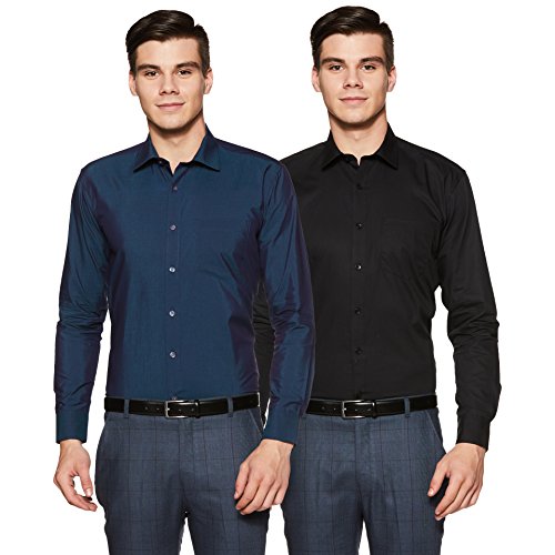 Image of Men's Solid Cotton Blend Formal Shirt with Pocket | Plain Design with Spread Collar & Full Sleeves - Regular Fit (Pack of 2)