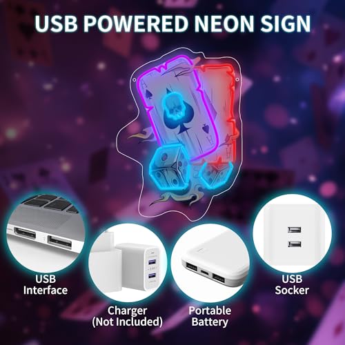 Image of Gambling Poker LED Neon Sign USB Powered for Wall Decor, Skull Poker Neon Night Light Sign Dimmable for Game,Casino Room Party Decor Halloween Birthday Gifts