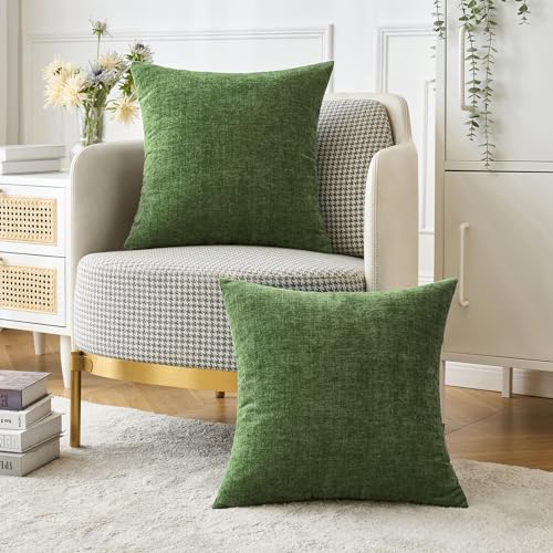 Image of MIULEE Pack of 2 Couch Throw Pillow Covers 18x18Inch Soft Moss Green Spring Chenille Pillow Covers for Sofa Living Room Solid Dyed Pillow Cases