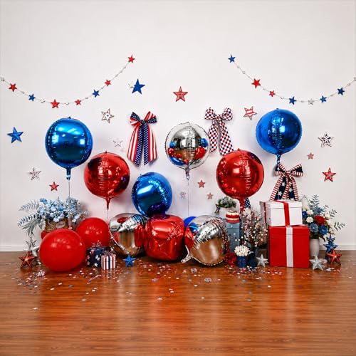 Image of 9 Pcs Red Blue Silver Round Foil Balloons,22 Inch Round Balloons | Red Blue Silver Giant 4D Round Ball Balloons For Patriotic Birthday Graduation Sports Party Decorations