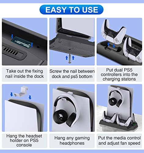 Ps5 Stand With Ps5 Controller Charging Station Cooling Station For Playstation 5 Ps5 Console Disc/Digital Edition, Ps5 Accessories-Cooler Fan/Remote Charger/Media&Headset Holder/3-Usb Hub/Screw Black #TOP6