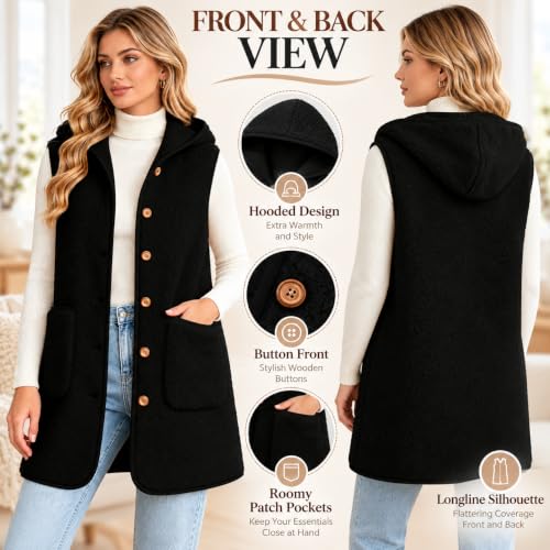 Fleece Vest Women, Sherpa Fuzzy Jackets Sleeveless Hooded Button Down - image 3