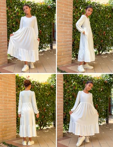 Image of Arshiner Girls Maxi Dresses Lantern Long Sleeve Casual Holiday Dress with Pockets for 5-14 Y
