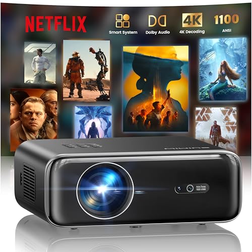 WiMiUS Proiettore [Netflix Ufficiale/Dolby/Autofocus] Smart Proiettore 4K Support, WiFi Bluetooth Videoproiettore Full HD 1080P Nativo Portatile con Auto Keystone/Zoom 50%/HDMI ARC/CEC per Home Cinema