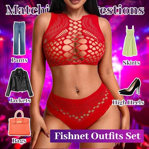 Fishnet Lingerie Sets for Women Sexy Two Piece Sleeveless Crop Top Bra and Panty Set Club Rave Outfits Swimsuit Cover Up Set2