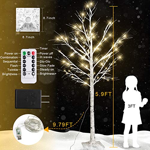 6Feet Birch Tree with Lights - 8 Modes Dimmable Fairy Lights with Remote 160 Leds Warm White Wedding Festival Party Christmas Decorations for Home, Plug and Base Included