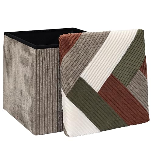 HOME DECO FACTORY - Coffre Pouf Pliable Patchwork Côtelé - Rangement et Assise Élégante pour Salon ou Chambre - 38x38 cm - Beige - Gris - Rouge - Vert -...