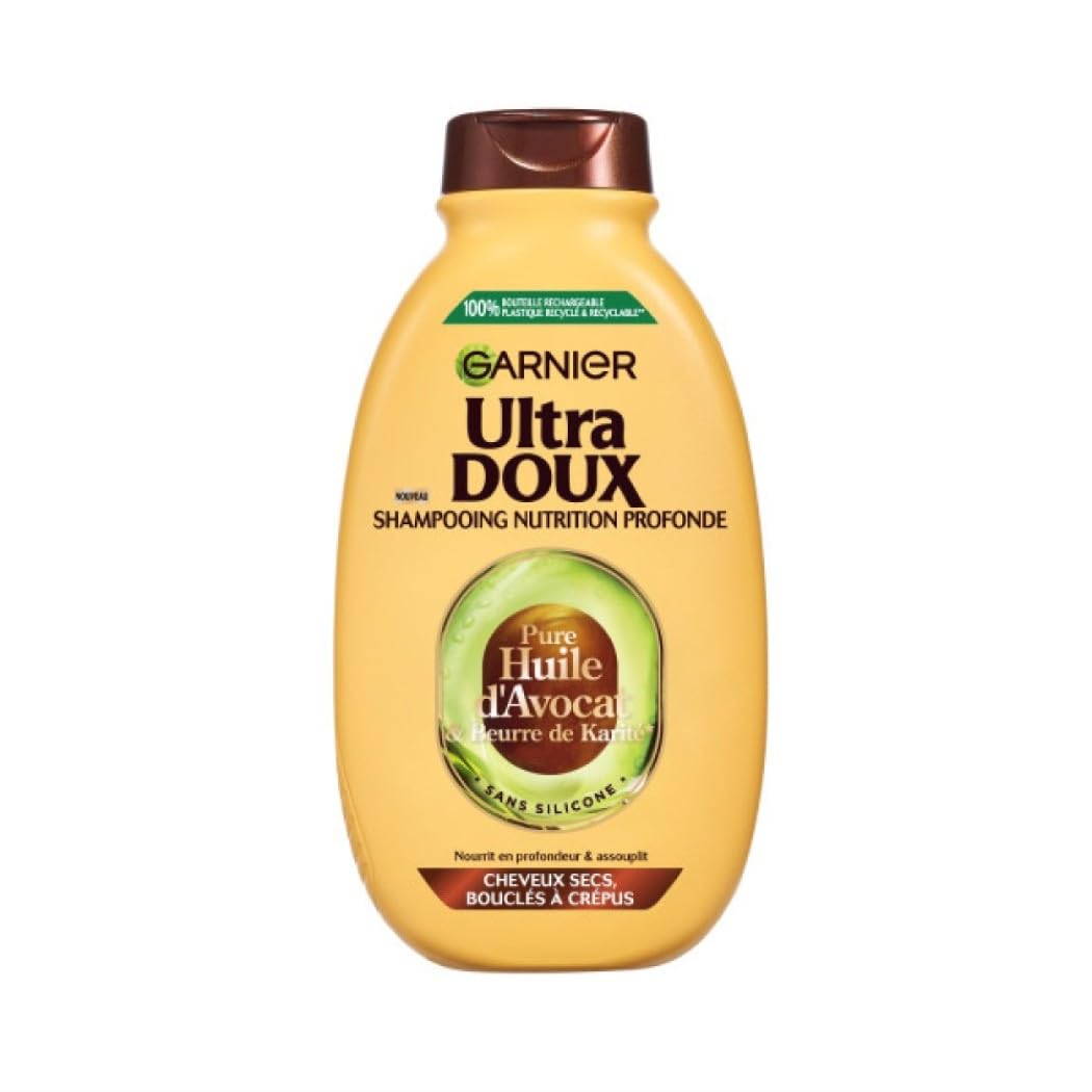 Garnier Ultra Doux Shampoo for Dry, Curly to Kinky Hair with Avocado Oil and Shea Butter - Creamy and Smooth Texture - 400 ml - Men and Women