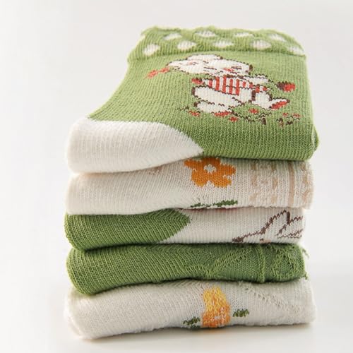 5 Pairs Toddler Girl Kids Socks, Cute Flower Green Soft Cotton Crew Socks, 1~12Years4