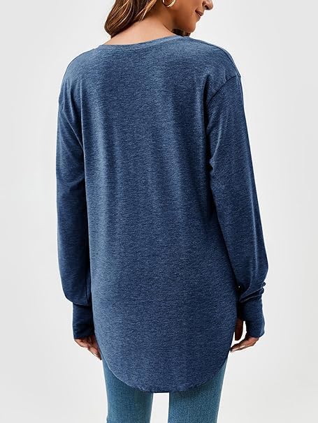 Women's V-Neck Long Sleeve Tunic Top, Casual Loose Fit Pullover Shirt in Blue