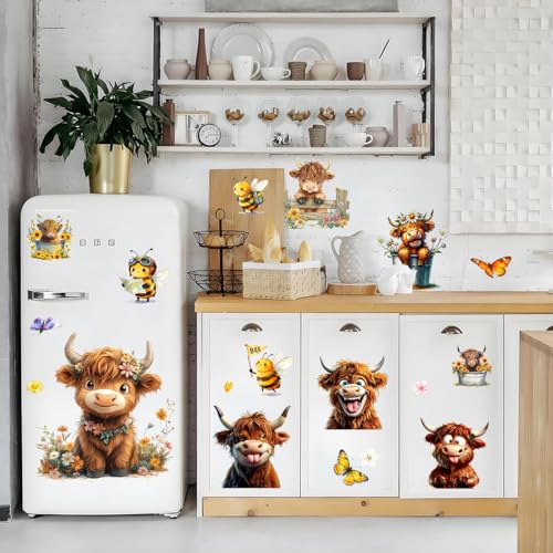 Funny Cow Flower Wall Decals-Removable Highland Cow Wall Sticker Peel