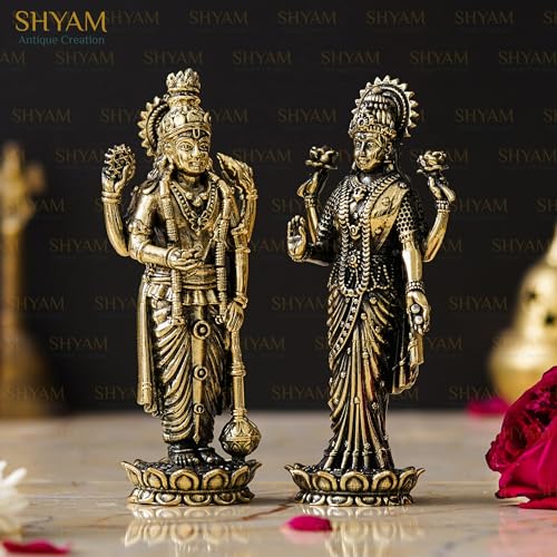 Image of Brass Pair of Maa Lakshmi Vishnu Ji Standing Statue MATA Laxmi Vishnu Murti Lakshmi Narayan Idol for Home Temple Diwali Pooja