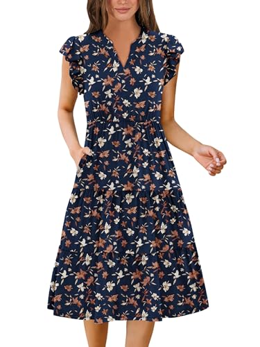 Image of ZEAGOO Womens Summer Casual Dresses Ruffle Sleeve V Neck Midi Dress Flowy Tiered Dress with Pockets Boho Sundresses