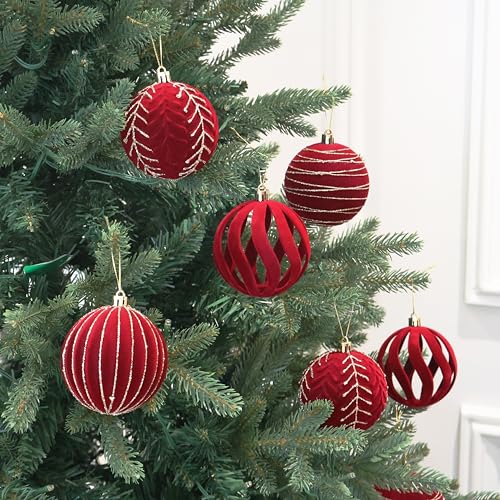 Image of 4inch Velvet Ornaments for Christmas Tree, 9PCS Glitter Flocked Christmas Ornaments Decorations Balls Set Decor Red