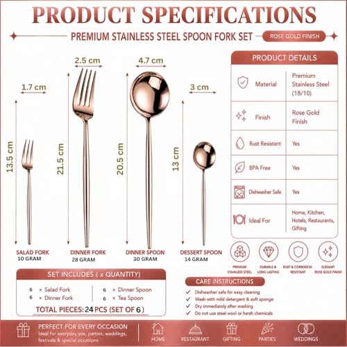 Image of Classic Rose Gold 24 Pcs Stainless Steel Cutlery Set for Dining Table, Dishwasher Safe Glossy Flatware (Perfect Spoon Fork Set)