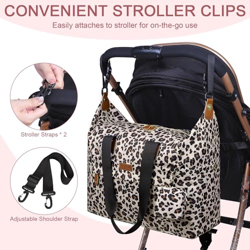Image of Pritent Diaper Bag Tote - Diaper Baby Bags with Pacifier Case, Shoulder Straps, Stroller Clips, Waterproof Large Mommy Maternity Travel Baby Bag for Mom and Dad, Leopard Print