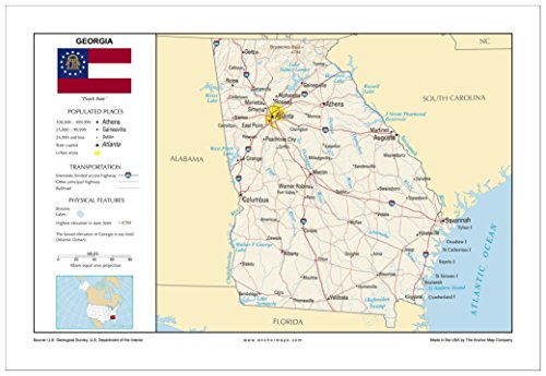 13x19 Georgia General Reference Wall Map - Anchor Maps USA Foundational Series - Cities, Roads, Physical Features, and Topography [Rolled]
