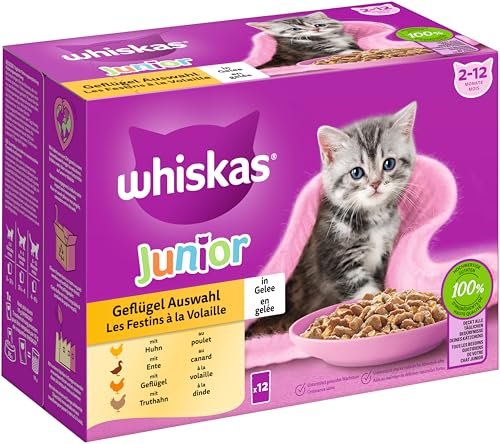WHISKAS Junior Nassfutter Portionsbeutel Multipack, Geflügelauswahl in Gelee, 12 x 85g