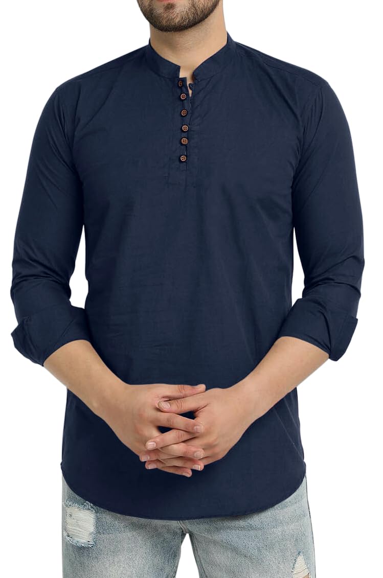 Royalscout Men's Cotton Blend Full Sleeve Short Kurta With Mandarin Collar Navy