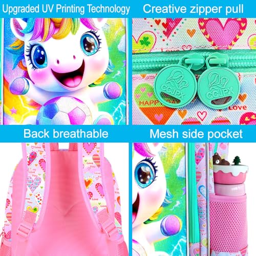 Image of 3Pcs Unicorn Backpack for Girls, 16 inch Soccer School Backpacks Set for Elementary Preschool Kindergarten, Kids Bookbag with Lunch Box(Pink)