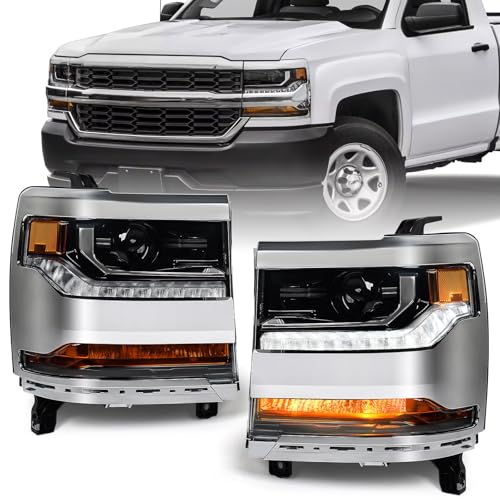 VLINCAR Headlight Assembly Compatible with Chevy Silverado 1500 2016 2017 2018 (Hid/Xenon Model) Factory Replacement Head Light Lamp Chrome Housing Driver & Passenger Side Pair