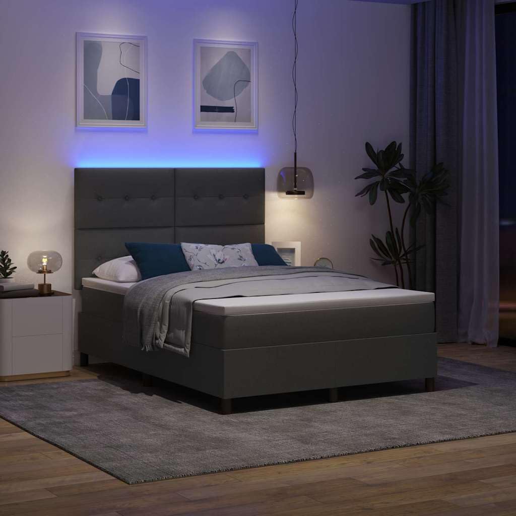 Cama con somier con cabecero gris oscuro de 140 x 190 cm, tejido de firmeza media, cabecero de altura regulable, tiras LED, marco de madera, alimentación USB