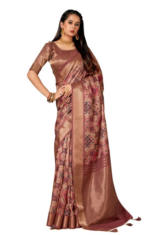 Manu Fashion EraWomen's Brown Digital Printed Tassel Pallu Border BhagalPuri Silk Saree Sari For Women and Girls with Blouse Piece