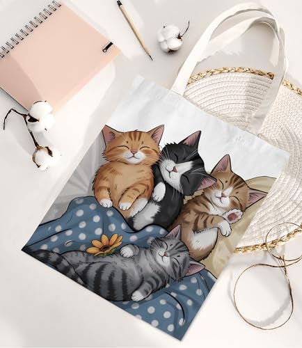 Image of Cute Cat Canvas Tote Bag for Women, Aesthetic Reusable Shoulder Bag for Shopping Travel Work