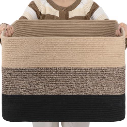 Image of OIAHOMY 108L Large Cotton Rope Basket, Rectangle Woven Baskets for Storage, Nursery Blanket Storage Living Room, Toy Basket With Handle-25 inchx16 inchx16 inch-Yellow Black