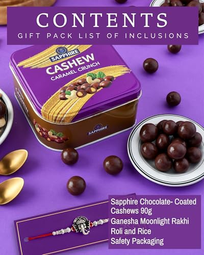 Image of Rakhi set with chocolates Sapphire Cashew Caramel Coated 90g 90g Chocolates Gift Pack Rakhi chocolate gift for brother chocolate gift pack