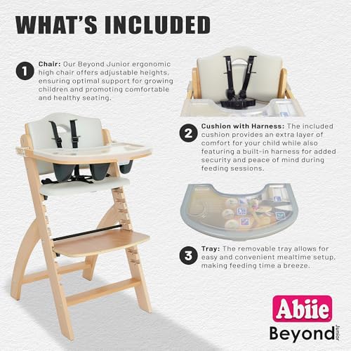 abiie beyond junior wooden high chair with tray - adjustable and convertible high chair for babies and toddlers - 6 months to 250 lb - water resistant - natural wooddove grey cushion