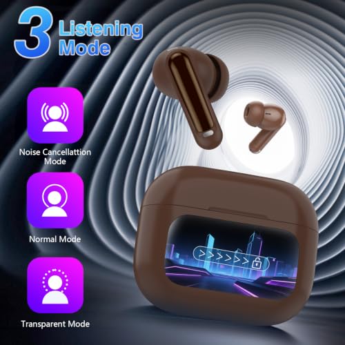 Image of Thunelec Wireless Earbuds with Touch Screen, 2026 New Bluetooth 5.4 Headphones with ANC /ENC Mic, 50H HiFi Stereo Ear Buds with 5 EQ Modes, Transparency Mode, IPX7 Earphones for Running, Brown
