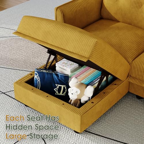 Image of LLappuil Modular Sectional Sleeper Sofa with Storage, U Shaped 6-Seat Corduroy Couch with 5 Throw Pillows, Convertible Sofa Set for Living Room & Small Space, Skin-Friendly & Soft, Yellow